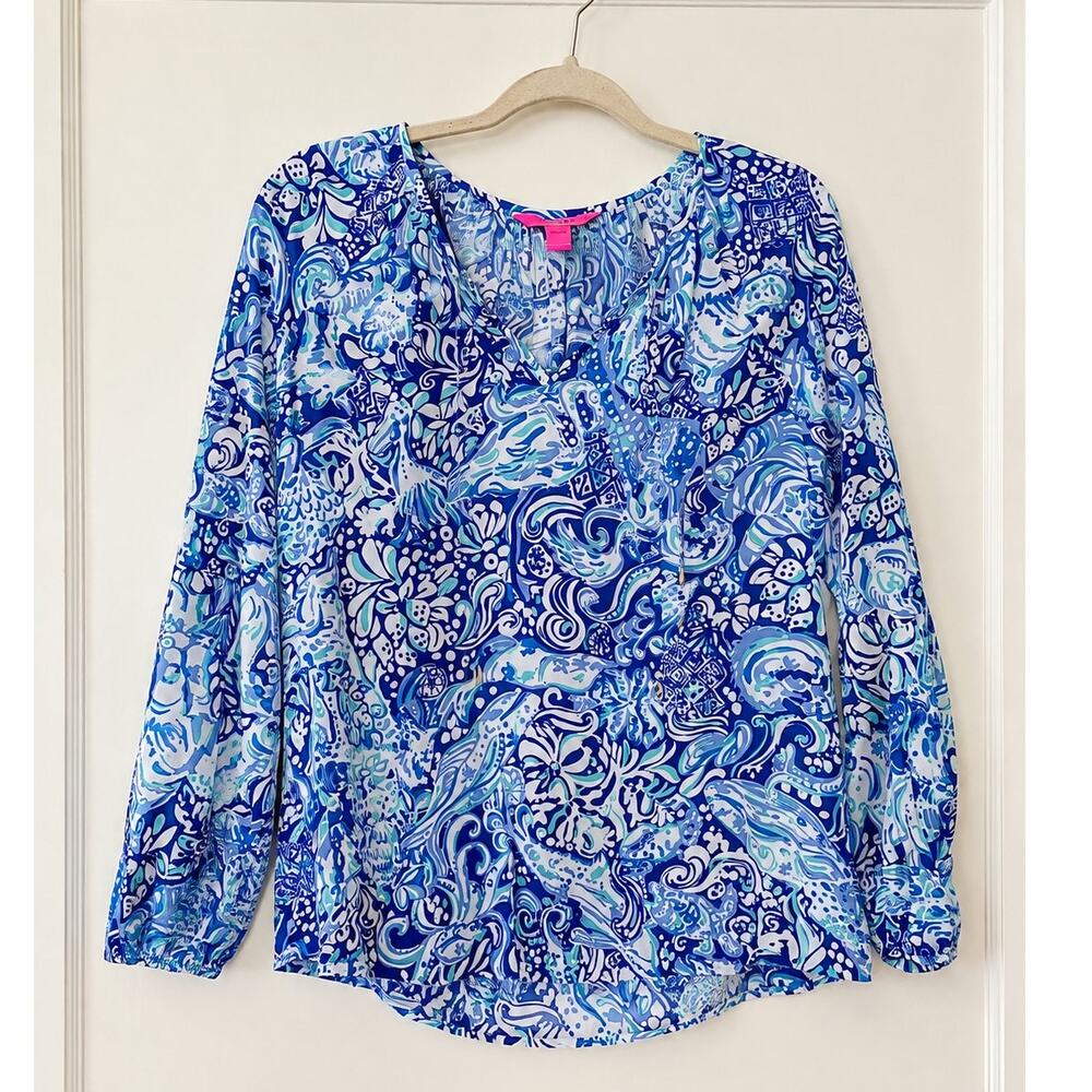 Lilly Pulitzer Blue Paisley Peasant Blouse Size Small 100% Rayon Long Sleeve